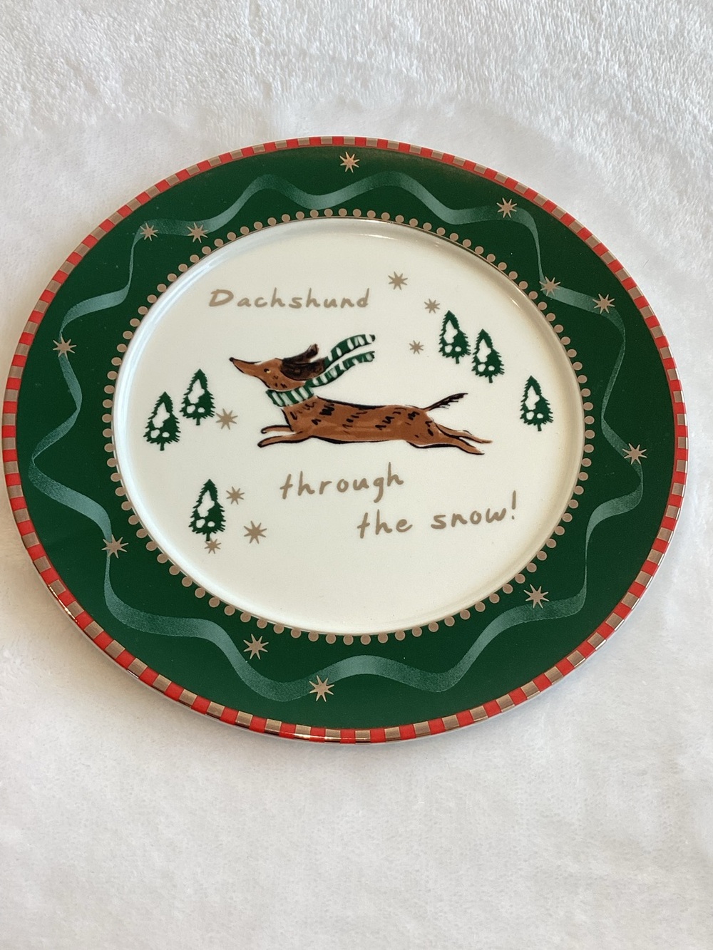 Anthropologie Dog Christmas Plate Caroline Stoneware Holiday New Dachsund NIB 8” - Picture 2 of 7